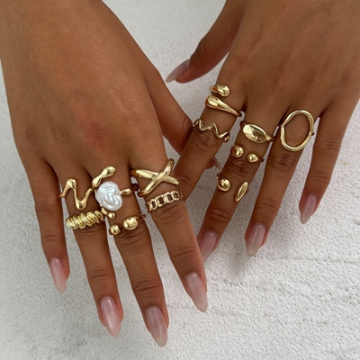 Fashionable Gold Chic Rings With Pearl Knuckle RingSet (12pcs)_img_0