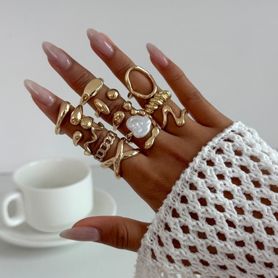 Fashionable Gold Chic Rings With Pearl Knuckle RingSet (12pcs)_img_5