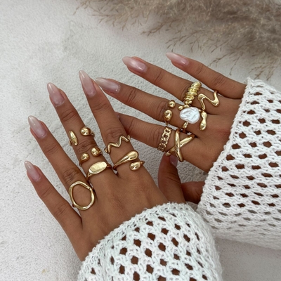 Fashionable Gold Chic Rings With Pearl Knuckle RingSet (12pcs)_img_3