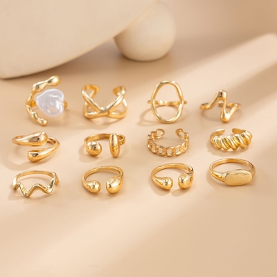 Fashionable Gold Chic Rings With Pearl Knuckle RingSet (12pcs)_img_4
