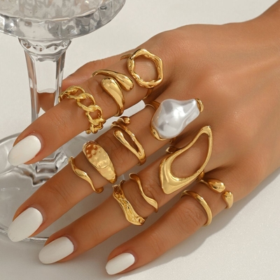 Fashionable Gold Chic Rings With Pearl Knuckle RingSet (12pcs)_img_1