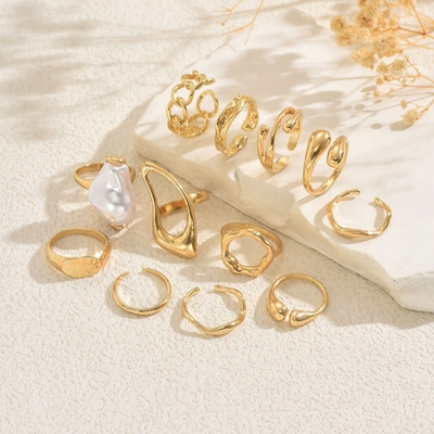 Fashionable Gold Chic Rings With Pearl Knuckle RingSet (12pcs)_img_2
