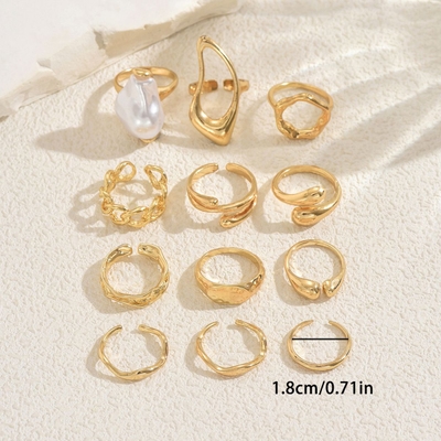 Fashionable Gold Chic Rings With Pearl Knuckle RingSet (12pcs)_img_5