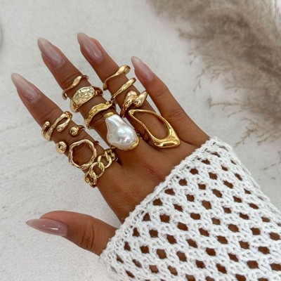 Fashionable Gold Chic Rings With Pearl Knuckle RingSet (12pcs)_img_4