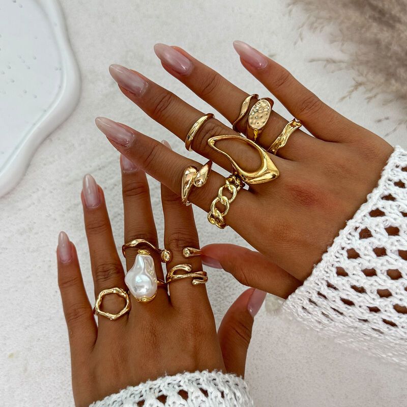 Fashionable Gold Chic Rings With Pearl Knuckle RingSet (12pcs)_img_3