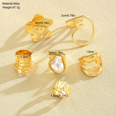 Fashionable Gold Chic Rings With Pearl Knuckle RingSet (6pcs)_img_4