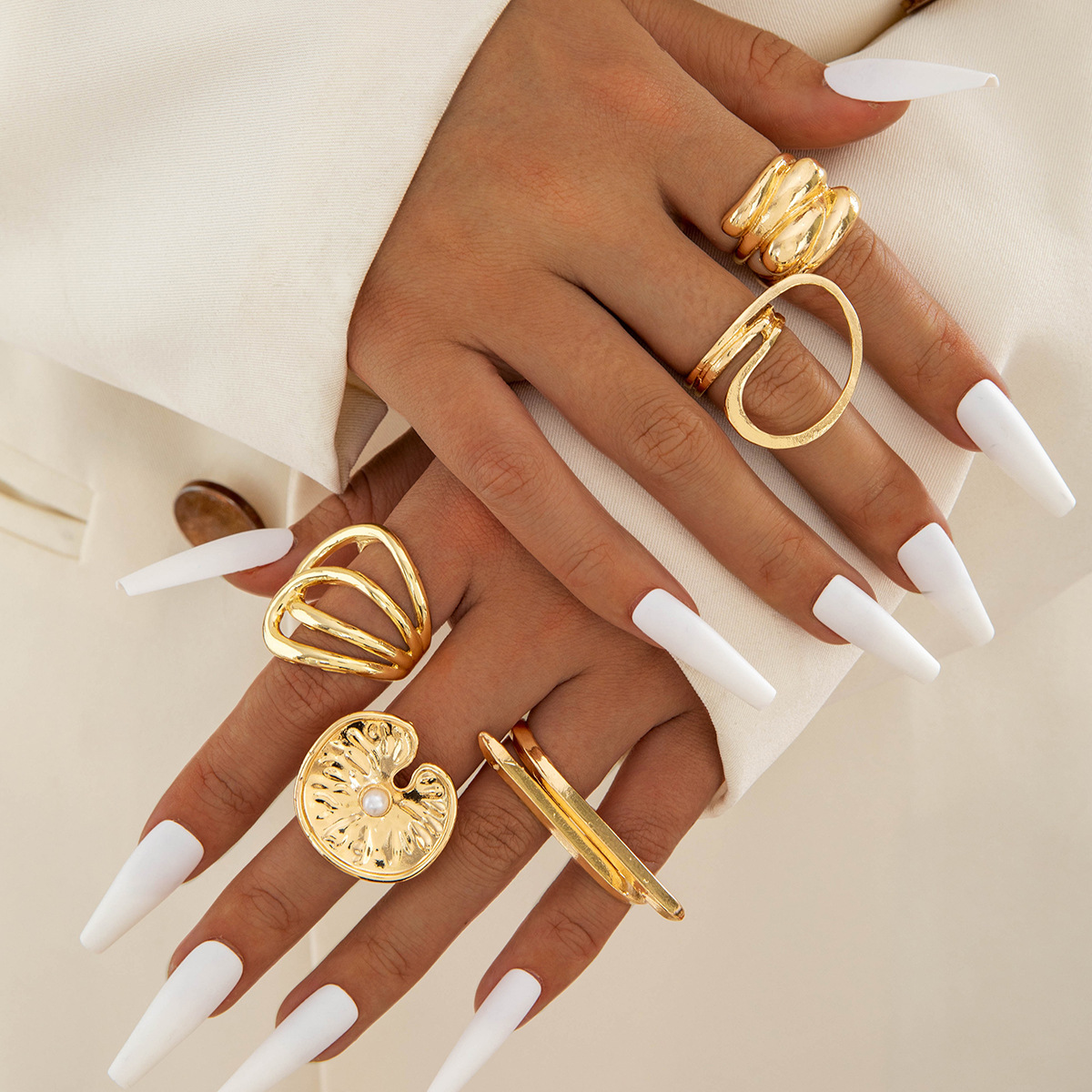 Gold Colour Smooth Geometric Open Rings Set (6Pcs/Set)