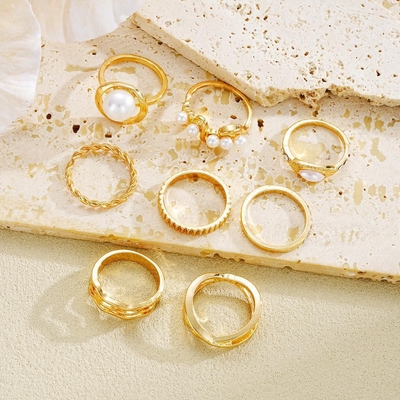 8Pcs Golden Pearl Ring Set_img_3
