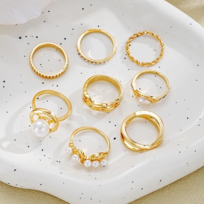 8Pcs Golden Pearl Ring Set_img_1