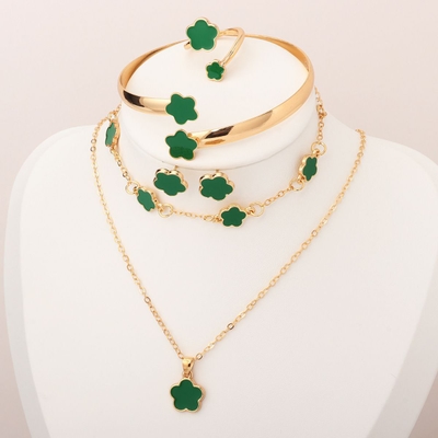 5Pcs Five Leaf Clover Design Jewelry Set includes Bracelet, Earrings, Kara, Necklace & Ring_img_10