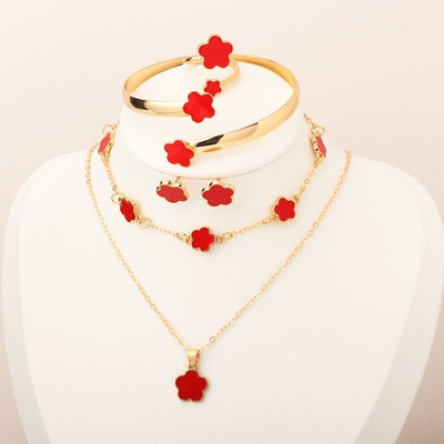 5Pcs Five Leaf Clover Design Jewelry Set includes Bracelet, Earrings, Kara, Necklace & Ring_img_9