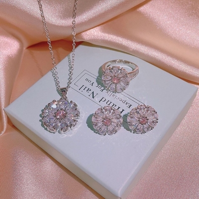 Pink Cubic Zirconia Snowflake Necklace/Earrings/Ring_img_0