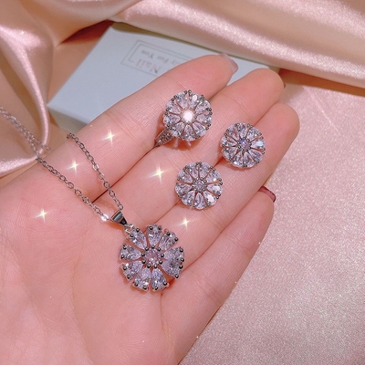 Pink Cubic Zirconia Snowflake Necklace/Earrings/Ring_img_1