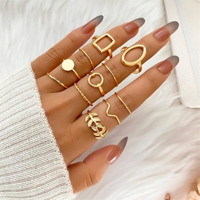 11Pcs Geometric Leaf Ring Set_img_0