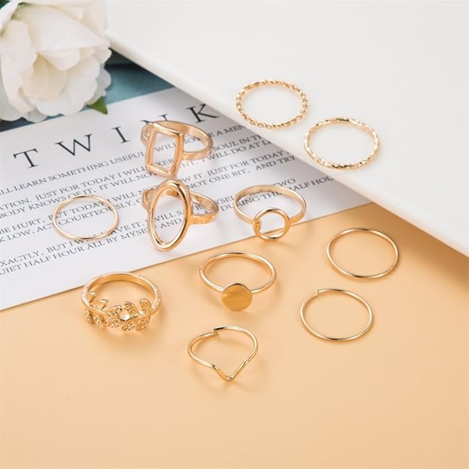11Pcs Geometric Leaf Ring Set_img_1