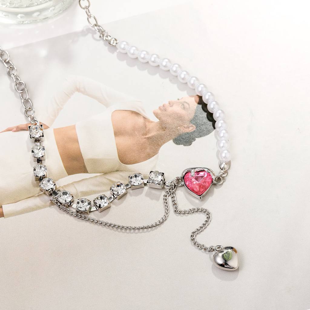 Fringe Love Pearl Pink Crystal Patchwork Necklace