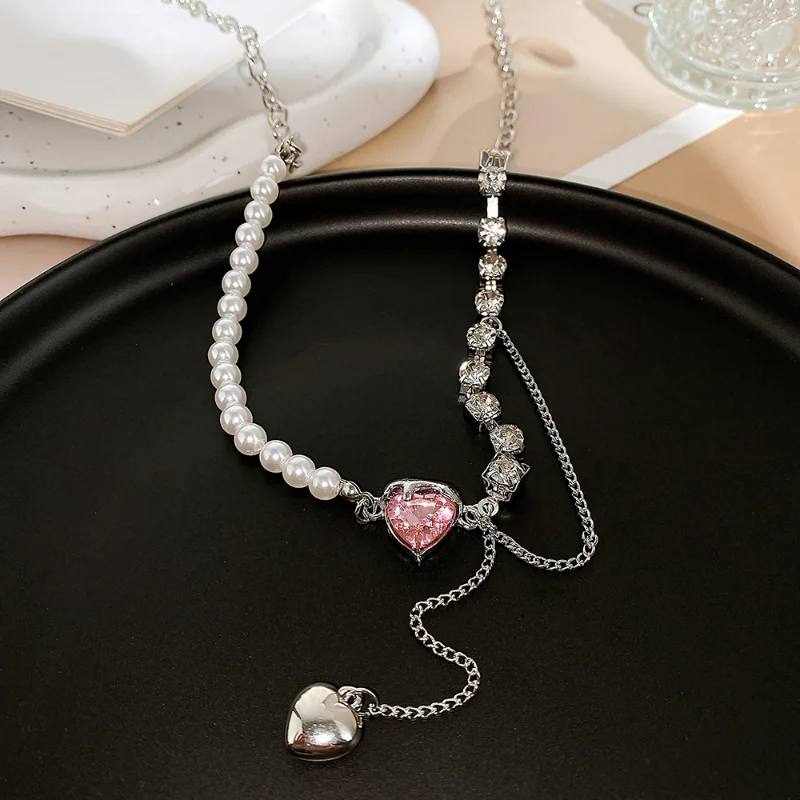 Fringe Love Pearl Pink Crystal Patchwork Necklace_img_3