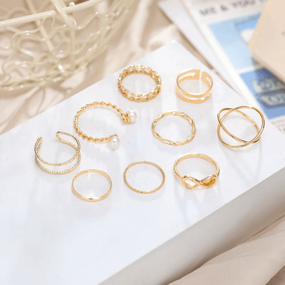 9Pcs Trendy golden Hollow Stacking Rings Set_img_1