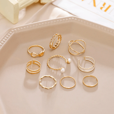 9Pcs Trendy golden Hollow Stacking Rings Set_img_2