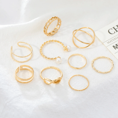 9Pcs Trendy golden Hollow Stacking Rings Set_img_3