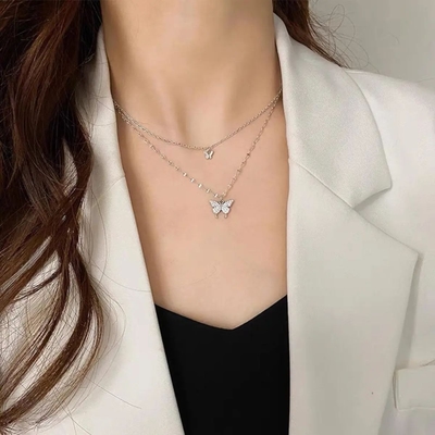 Double Layer shiny Butterfly Necklace Stainless Steel_img_0