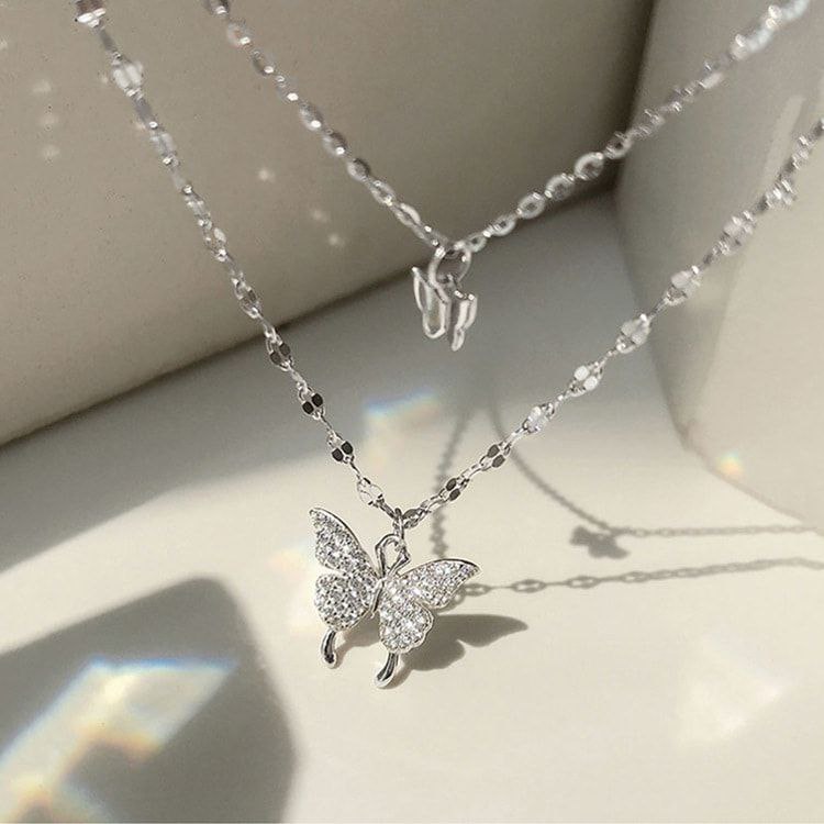 Double Layer shiny Butterfly Necklace Stainless Steel_img_1
