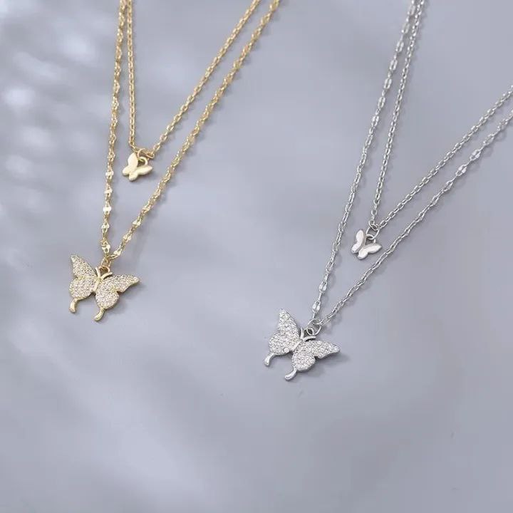 Double Layer shiny Butterfly Necklace Stainless Steel_img_3