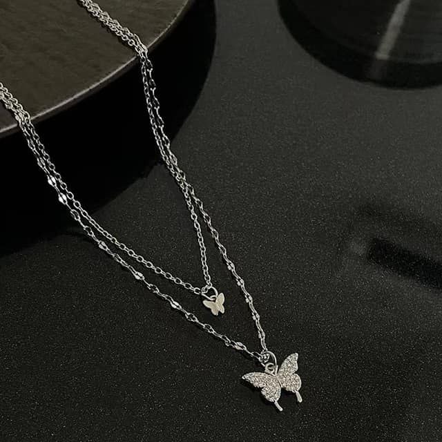 Double Layer shiny Butterfly Necklace Stainless Steel