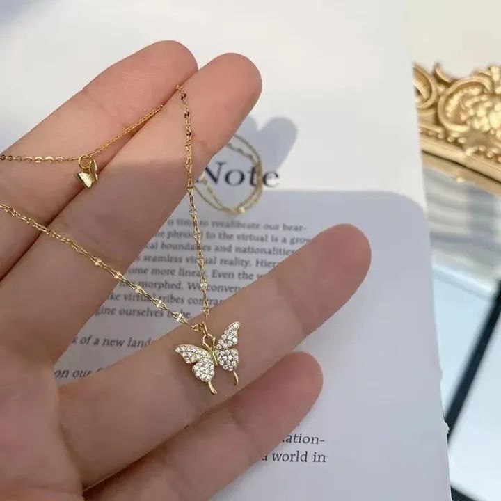 Double Layer shiny Butterfly Necklace Stainless Steel_img_5