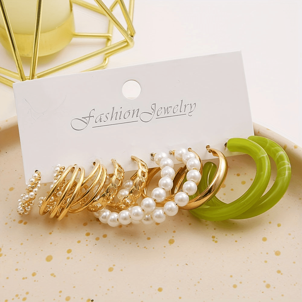 6Pairs Golden Green Hoop Earrings Set