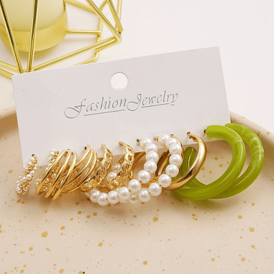 6Pairs Golden Green Hoop Earrings Set_img_0