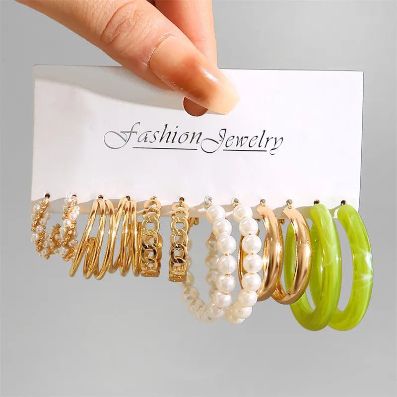 6Pairs Golden Green Hoop Earrings Set_img_1