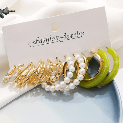 6Pairs Golden Green Hoop Earrings Set_img_2
