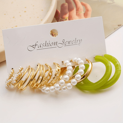 6Pairs Golden Green Hoop Earrings Set_img_3