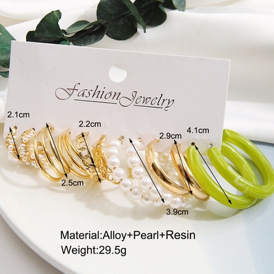 6Pairs Golden Green Hoop Earrings Set_img_4