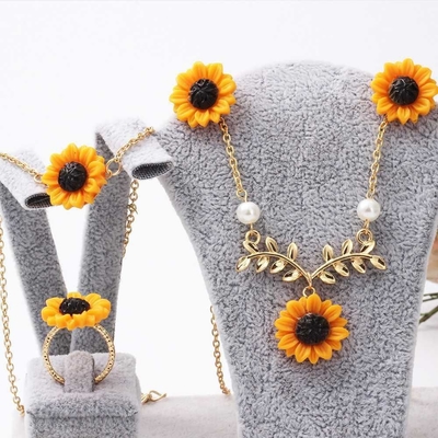 4Pcs/Set Sunflower Pendant, Stud Earrings, Ring, Bracelet_img_0