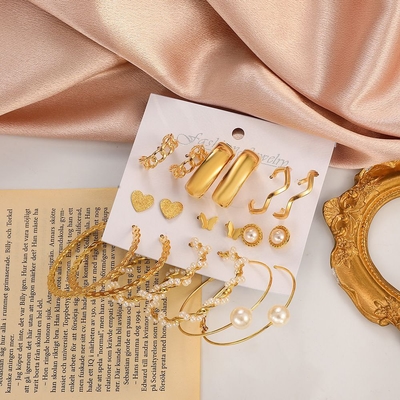 9Pairs retro Style Gold Plated Stud Earring Set_img_1
