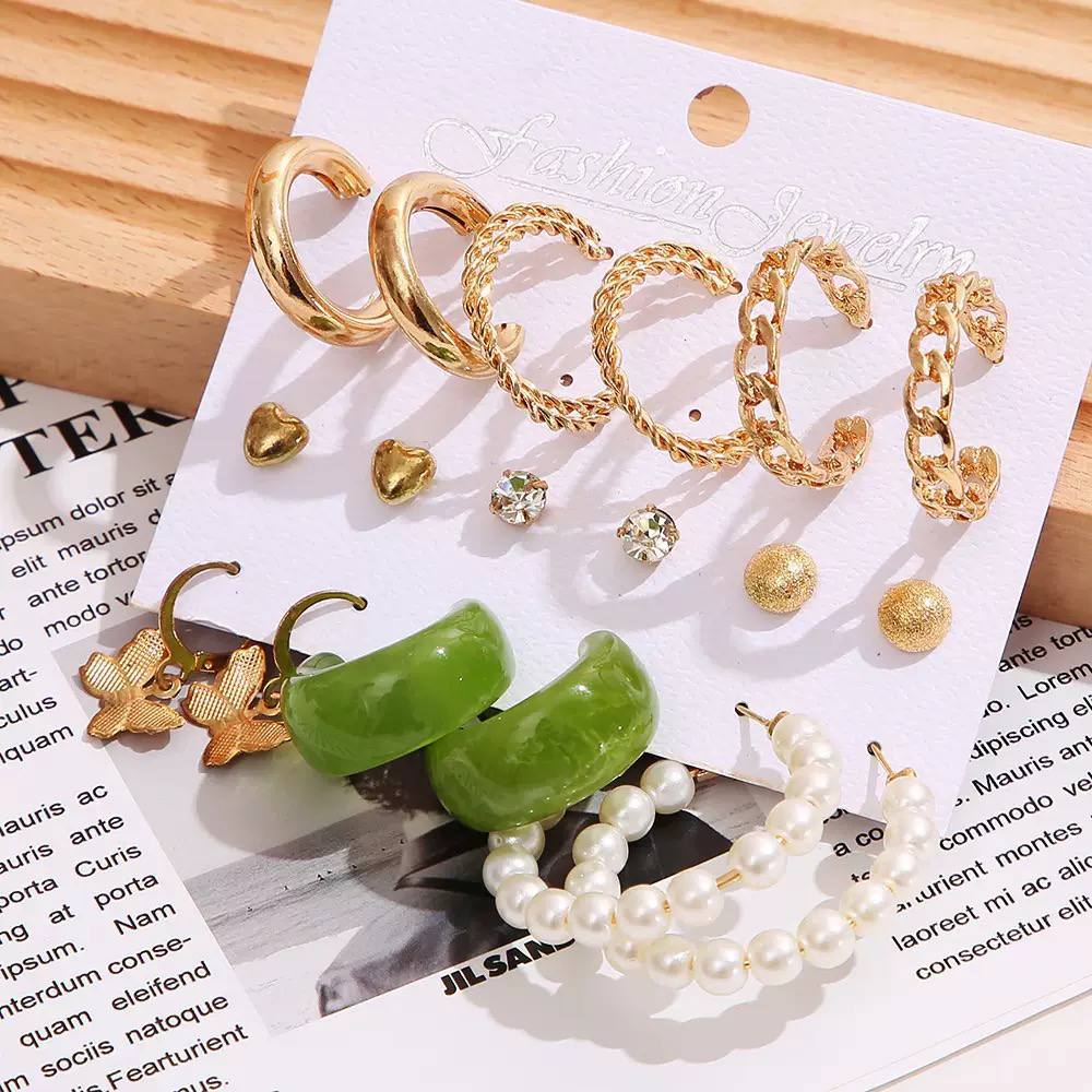 9Pairs Green stud Earring Set