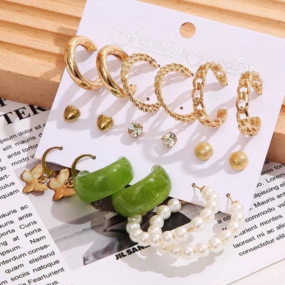 9Pairs Green stud Earring Set_img_0