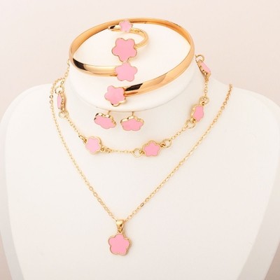 5Pcs Five Leaf Clover Design Jewelry Set includes Bracelet, Earrings, Kara, Necklace & Ring_img_1
