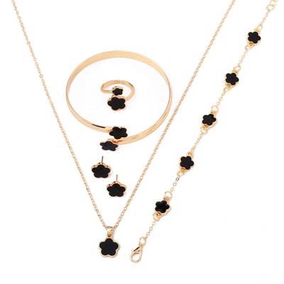 5Pcs Five Leaf Clover Design Jewelry Set includes Bracelet, Earrings, Kara, Necklace & Ring_img_6
